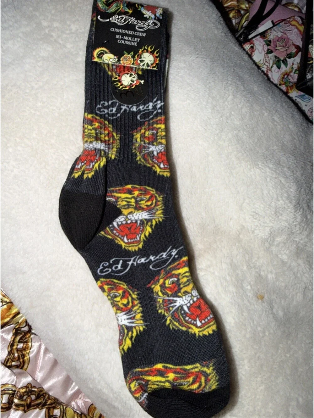 ED HARDY Mens Cushioned Designer CREW SOCKS 3 Pair Stretch Black